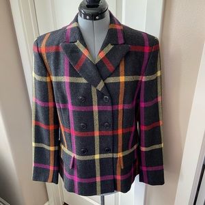 Mondi Wool Magenta, Orange, Yellow & Red Plaid Gray Jacket, Vintage, Size 10.